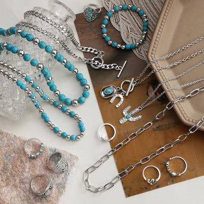 IFKM Bohemian Jewelry Set With Turquoise Necklace, Dangle Earrings, Stackable Bangle Bracelets, Knuckle Rings For Women Vintage Western Boho Turquoise Anniversary Birthday Friendship Gift - style: Bohemian style