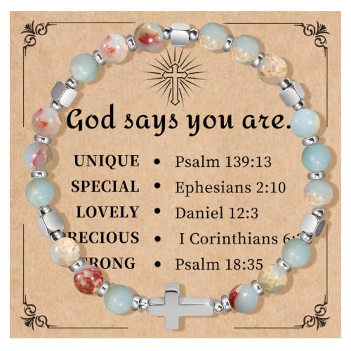 Natural Stone Stretch Bracelet for Women - Holy Water Elastic Cross Bracelet | Christmas Christian Baptism Gift, Meaningful Gifts, Unique Gift for Friends Mom Daughter Sister - style: cross-God say