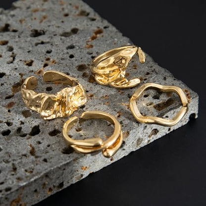 4Pcs Irregular Wavy Open Rings Minimalist Gold Silver Tone Jewelry for Men - color: A Gold