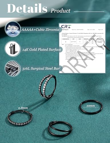 Dochais 4PCS 18G Nose Rings Hoops, Surgical Steel Earrings Tragus Septum Piercing CZ Clicker Ring, Hinged Segment Conch Lip Cartilage Double Hoops 8mm 10mm for Women Men - color: Black, size: 20G(0.8mm),10mm