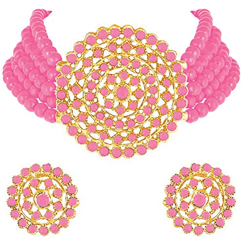 Aheli Pearl Diamond Choker Necklace & Round Earrings Gift for Women Indian Traditional Bollywood Fashion Bharatanatyam jewellery set - color: Pink
