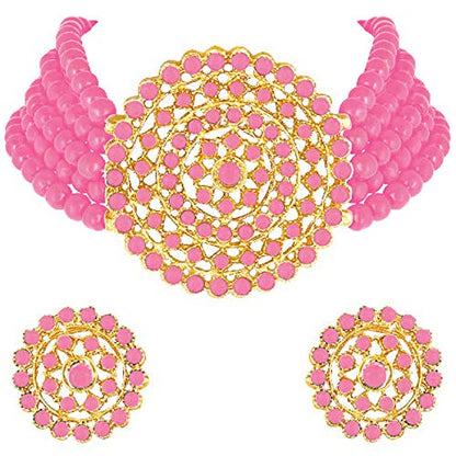 Aheli Pearl Diamond Choker Necklace & Round Earrings Gift for Women Indian Traditional Bollywood Fashion Bharatanatyam jewellery set - color: Pink