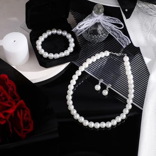 3 Pcs Pearl Jewelry Set Faux Pearl Clip on Earring Necklace Bracelet for Women Bridesmaid Birthday Wedding Gift - color: White, size: 12 mm