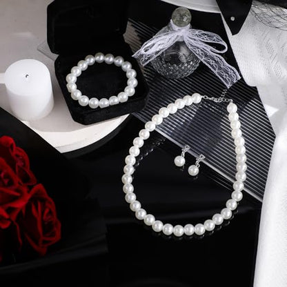 3 Pcs Pearl Jewelry Set Faux Pearl Clip on Earring Necklace Bracelet for Women Bridesmaid Birthday Wedding Gift - color: White, size: 12 mm