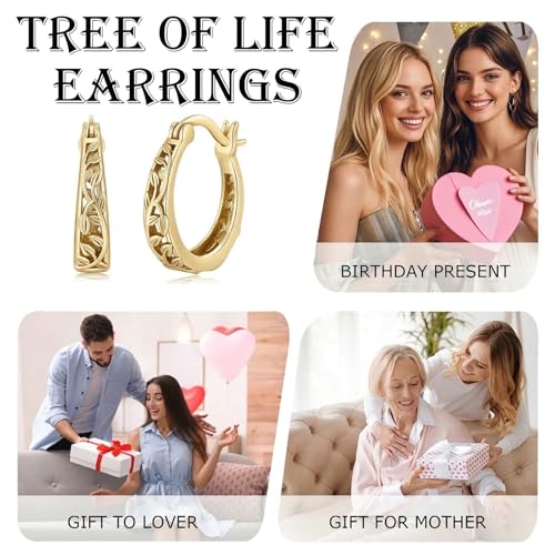 14K Gold Earrings for Women Gold Filigree/Celtic Huggie Earrings Jewelry Easter Mothers Day Gifts for Mom Girlfriend - style: Tree of Life