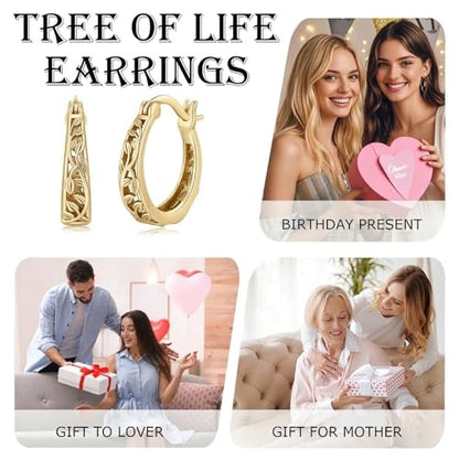 14K Gold Earrings for Women Gold Filigree/Celtic Huggie Earrings Jewelry Easter Mothers Day Gifts for Mom Girlfriend - style: Tree of Life