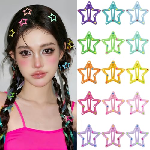 Star Hair Clips Multiple Colors Snap Hair Barrettes Non Slip Star Hair Accessories Metal Hair Clips for Girls Women -15 PCS 1.18" - color: 15 P -1.18"-Spotted color