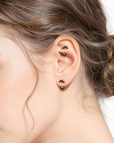 Lotus Rook Piercing Jewelry, 16G Eyebrow Rook Earrings, Stainless Steel Eyebrow Piercing Jewelry,Lobe Earrings 6/8MM - color: BKCZ-6MM