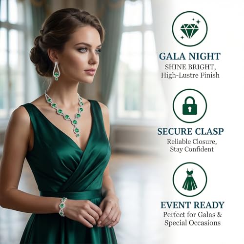 Silver Plated Necklace Earrings Bracelet Crystal Bridal Wedding Jewelry Sets for Wedding princess birthday party Halloween Prom Pageant Jewelry - color: 2-green