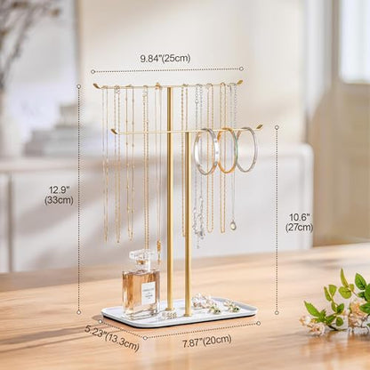 pickpiff Necklace Holder Jewelry Organizer Stand – 2‑Tier T‑Bar Jewelry Display Tree with Tray for Countertop Necklace Bracelet Earring Storage, Vanity Dresser Bathroom Sink, Gold - color: Gold