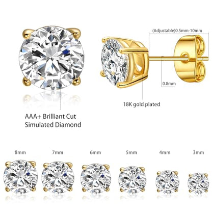 Gemsme 5 Pairs Princess Cut Cubic Zirconia Stud Earrings for Women/Men - 18K Gold Plated Hypoallergenic 3-7mm Square Clear CZ Earring Set - color: Gold