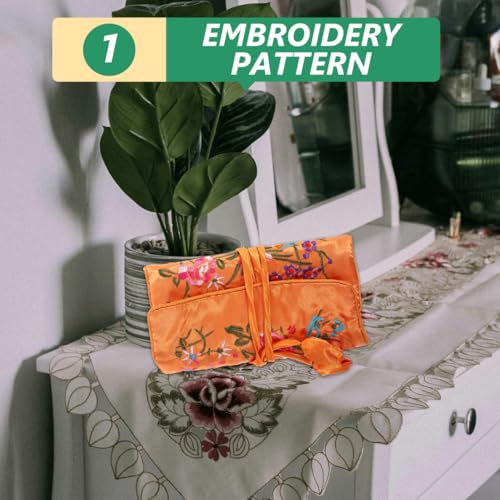 Cabilock Embroidered Jewelry Roll Bag Handmade Flower Brocade Jewelry Bag Organizer with Zip Pocket Travel Pouch for Earrings Bracelets Necklaces Cosmetic Brushes 10.62 X 7.87 X 0.19 in
