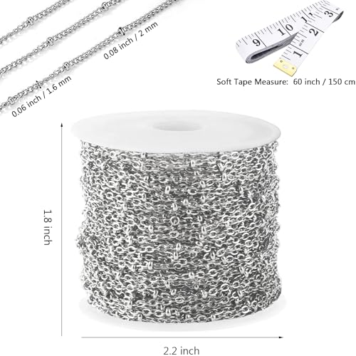 16 Ft Stainless Steel Bead Chain for Jewelry Making, 1.6 mm Thin Silver Ball Beaded Cable Link Chains Roll for DIY Necklace Bracelet Jewelry Making Supplies with Lobster Clasps Soft Tape Measure - color: Cross Bead Silver