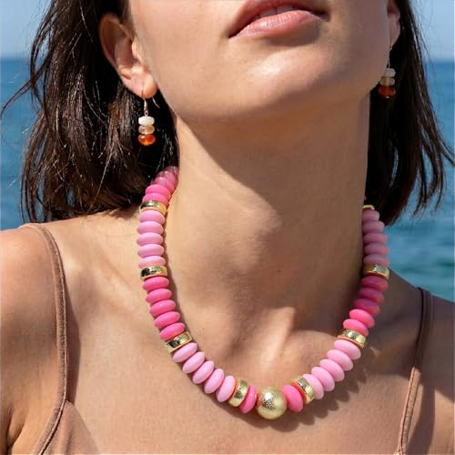 RISHEGAE Chunky Beaded Necklace for Women Boho Resin Beaded Choker Necklace Adjustable Surfer Beach Strand Necklaces Gold Handmade Acrylic Beads Jewelry Gift for Women - color: Style 4pink