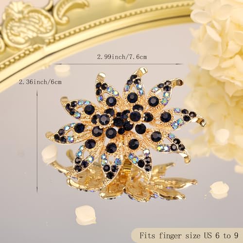 Elegant Big Crystal Flower Ring for Women Gold Rhinestone Floral Rings Open Finger Adjustable Crystal Flower Statement Ring Jewelry for Bridal Wedding - color: Flower 2 - blue