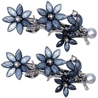 Joez Wonderful 2pcs Bridal Rhinestone Hair Clips Barrettes for Women, Blue | Alloy, 2.59x1.38in, Sparkly, Vintage, Diamond Barrettes with Pearls, Blue Flower, for Wedding, Parties, Birthday