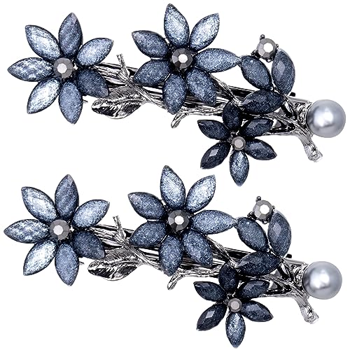 Joez Wonderful 2pcs Bridal Rhinestone Hair Clips Barrettes for Women, Blue | Alloy, 2.59x1.38in, Sparkly, Vintage, Diamond Barrettes with Pearls, Blue Flower, for Wedding, Parties, Birthday
