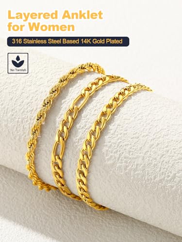 U7 2Pcs/3Pcs Ankle Bracelets for Women, Stainless Steel Cuban Link/Figaro/Rope/Heart Chain Anklets Sets,Waterproof Layered Anklets Adjustable 8.5"-10.5" - color: 03. 3Pcs Style A-Gold