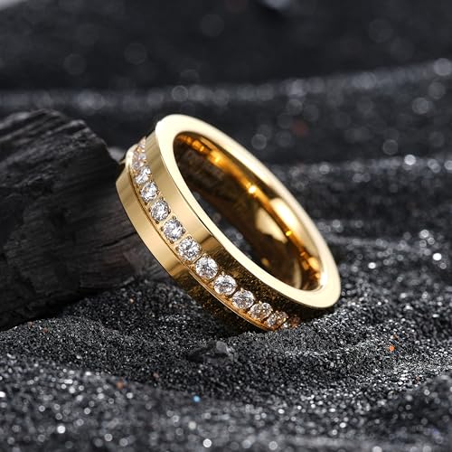 King Will Mens Tungsten Wedding Band with Cubic Zircon Inlay 7mm/8mm Flat Cut Comfort Fit Engagement Rings - color: Gold&White-6mm