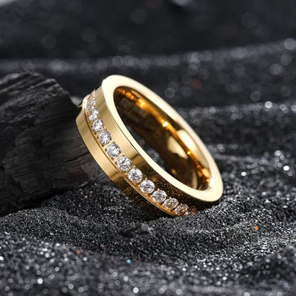 King Will Mens Tungsten Wedding Band with Cubic Zircon Inlay 7mm/8mm Flat Cut Comfort Fit Engagement Rings - color: Gold&White-6mm