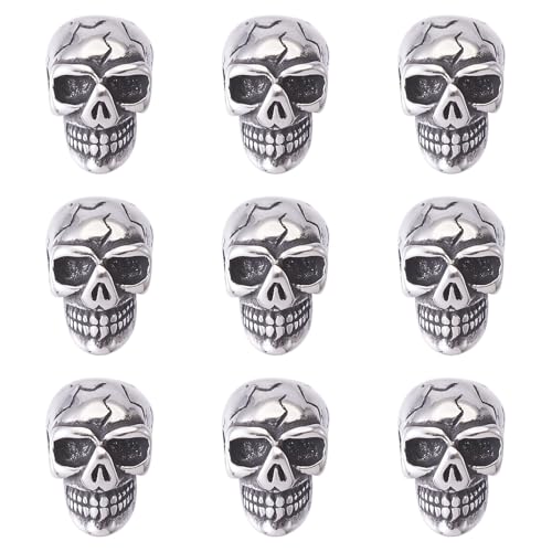 Elecrelive 10Pcs Skeleton Skull Beads Stainless Steel Skull Head Beads Halloween Charms for Gothic Necklace Bracelets Earrings Jewelry Making - color: Steel Color