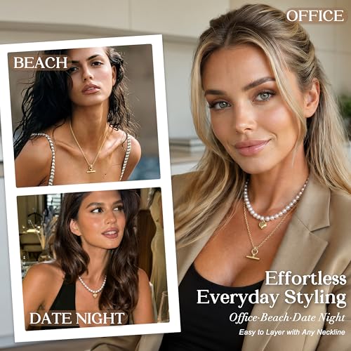T-Bar Pearl Necklace Stack, Long Layered Necklaces Women, 16K Gold Plated | Heart Pendant Necklace with Dainty Pearl Chain, Non Tarnish Statement Jewelry Set for Trendy Everyday Accessories