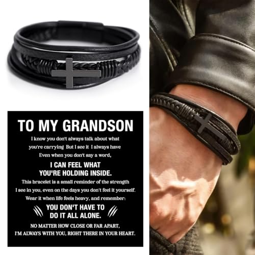 To My GrandSon Bracelet – Cross Braided Leather Bracelet, Meaningful GrandSon Gift from Grandpa & Grandma with Heartfelt Message Card & Elegant Gift Box for Birthday, Christmas, Graduation - color: Version#4