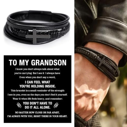 To My GrandSon Bracelet – Cross Braided Leather Bracelet, Meaningful GrandSon Gift from Grandpa & Grandma with Heartfelt Message Card & Elegant Gift Box for Birthday, Christmas, Graduation - color: Version#4
