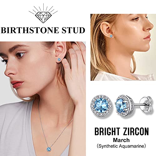 Bestyle Sparkling 925 Sterling Silver Birthstone Stud Earrings for Women, Heart/Round/Teardrop/Square Solitaire Diamond Studs Earrings, Great Birthday/Christmas Gifts - style: 03. Blue Aquamarine-Mar.-round