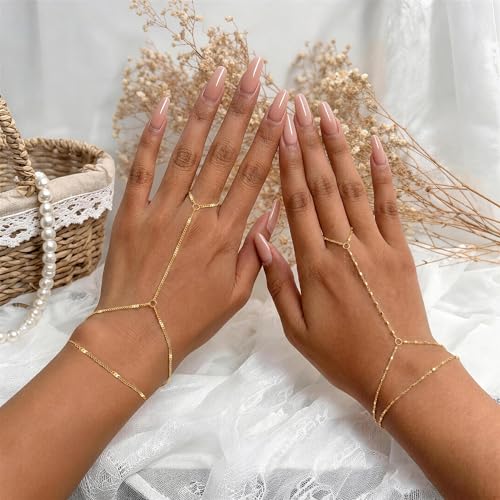 3PCS Set of Stacked Ring Bracelets Accessories for Women | 14K Gold-Plated Dainty Hand Chain Bracelets Stack Summer Jewelry for Women Trendy Ring Bracelet - color: Gold-B