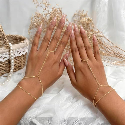 3PCS Set of Stacked Ring Bracelets Accessories for Women | 14K Gold-Plated Dainty Hand Chain Bracelets Stack Summer Jewelry for Women Trendy Ring Bracelet - color: Gold-B