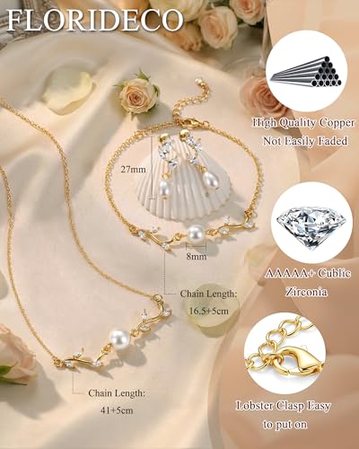 3Pcs 14K Gold Plated Pearl Bridal Jewelry Set for Women | Pearl necklace, drop earrings and bracelet set with cubic zirconia for bride bridesmaid wedding prom and party accessories - color: Gold Plated-3CZ-Pearl
