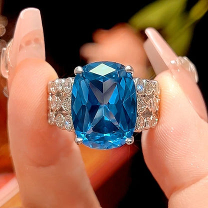 Cushion Cut Gem Cocktail Open Ring For Women, 2 Colors Ruby Sapphire Honeycomb Hollow Full Pave Crystal Formal Statement Ring - color: blue