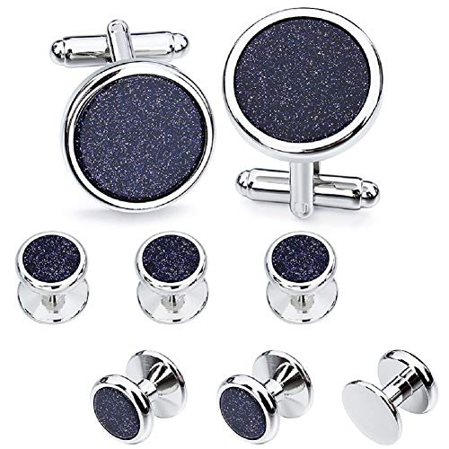 HAWSON Fashion Mother-of-Pearl Tuxedo Shirt Button and Cufflink Set, Specially Designed for Wedding Business - color: Silve Tone- Blue Sand Stone