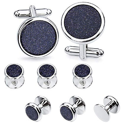 HAWSON Fashion Mother-of-Pearl Tuxedo Shirt Button and Cufflink Set, Specially Designed for Wedding Business - color: Silve Tone- Blue Sand Stone