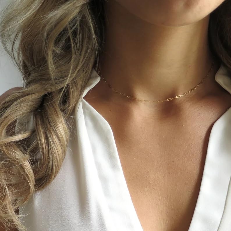Dainty Choker Necklace for Women 18K Gold Plated Shining Dots Box Chain Sparkle Necklaces Cute Paperclip Link Herringbone Necklace Exquisite Jewelry Gifts for Mom Girlfriend - style: Small Paperclip GD