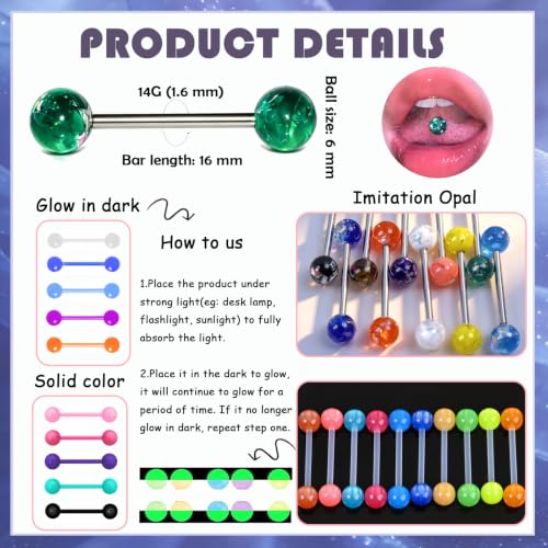 14G Flexible Plastic Tongue Ring Stainless Steel Tongue Barbell | Acrylic Cat's Eye Imitation Opal Glow in Dark Tongue Piercing Jewelry for Women Men 16mm Bar - style: 36PCS