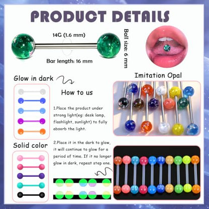 14G Flexible Plastic Tongue Ring Stainless Steel Tongue Barbell | Acrylic Cat's Eye Imitation Opal Glow in Dark Tongue Piercing Jewelry for Women Men 16mm Bar - style: 36PCS