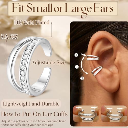 Florideco 4Pcs Ear Cuffs Non-Piercing for Women Dainty 14K Gold Plated Clip On Cartilage Earrings Hypoallergenic Huggie Hoop Cuffs Fake Earings for Non Pierced Ears - color: Double-White Gold Plated