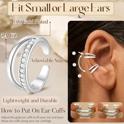 Florideco 4Pcs Ear Cuffs Non-Piercing for Women Dainty 14K Gold Plated Clip On Cartilage Earrings Hypoallergenic Huggie Hoop Cuffs Fake Earings for Non Pierced Ears - color: Double-White Gold Plated
