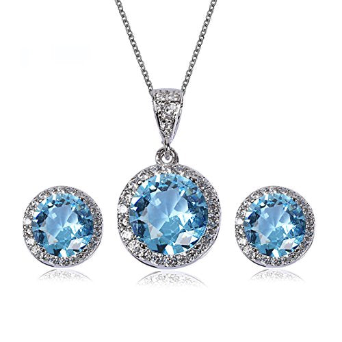 AMYJANE Halo Crystal Jewelry Set - Sterling Silver Round Cubic Zirconia Crystal Bridal Pendant Necklace Earrings Set for Wedding Bride Bridesmaids - color: Aquamarine