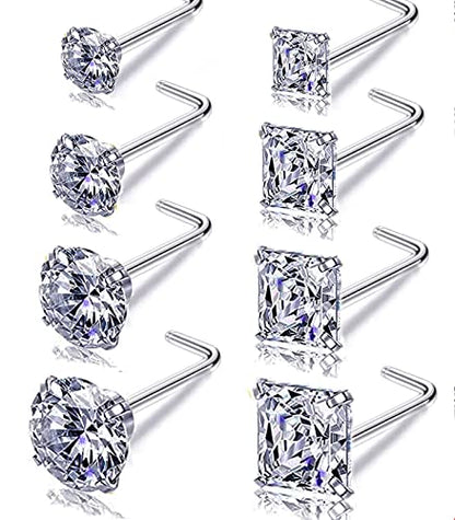Nose Rings & Studs - 18g, 20g, 22g 14K Gold Bone Nose Studs for Women in Titanium Steel - color: 20g 8pcs Silver L Shaped 316L Surgical Steel