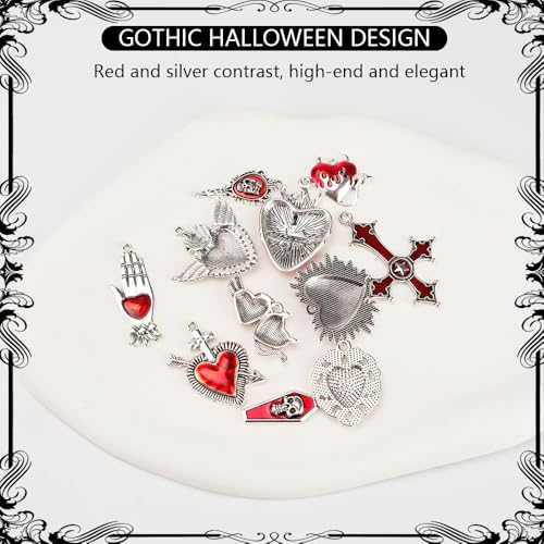 Giata11 Pcs Large Gothic Style Black Cross Skull Tombstone Heart Pendants Goth Halloween Charms for Jewelry Pendants Making DIY Craft Supplies - color: Red