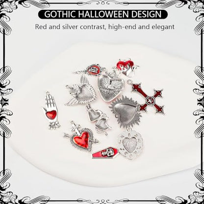 Giata11 Pcs Large Gothic Style Black Cross Skull Tombstone Heart Pendants Goth Halloween Charms for Jewelry Pendants Making DIY Craft Supplies - color: Red