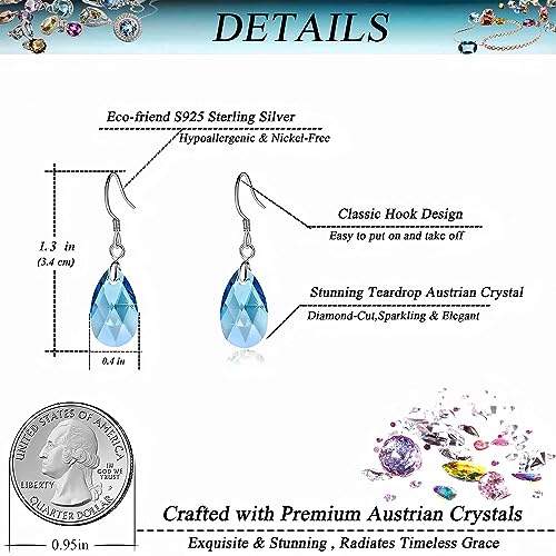 Austrian Crystal Teardrop Drop Earrings for Women, French Hook | 925 Sterling Silver Hook, Crystal Dangle Earrings, Sparkly Teardrop Stone, Lightweight Feel, Day-To-Evening Wear - color: Aquamarine