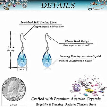 Austrian Crystal Teardrop Drop Earrings for Women, French Hook | 925 Sterling Silver Hook, Crystal Dangle Earrings, Sparkly Teardrop Stone, Lightweight Feel, Day-To-Evening Wear - color: Aquamarine