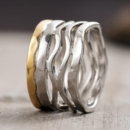 Simple Two Tone Wide Rings for Women Multilayer Wave Twisted Rings Daily Party Personality Rings Jewelry - color: silver&gold