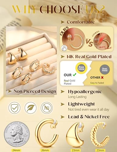 Gold Plated Clip On Earrings for Women Non Pierced Clip on Hoop Earrings | 9 Pairs 14K Gold Plated Waterdrop Chunky Hoop Earrings CZ Twist Statement Earring Set Hypoallergenic Fake Earring Jewelry - color: Gold