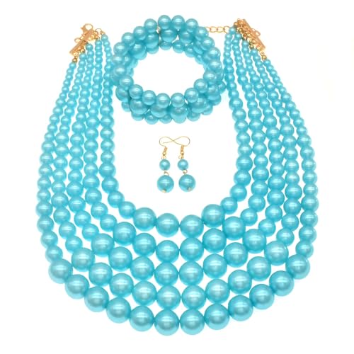 Faux Big Pearl Srand Necklaces for Women 5 Layers Pearls Choker Bib Collar Necklace Bracelet and Earrings set 1920s Costume Pearl Jewelry Bridal Wedding - color: light blue