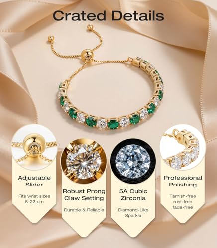 Lovans 14K Gold Plated Tennis Bracelets,White/Yellow/Rose Gold-plated Adjustable Cubic Zirconia Tennis Bracelet for Women - color: Gold, size: 4MM Green